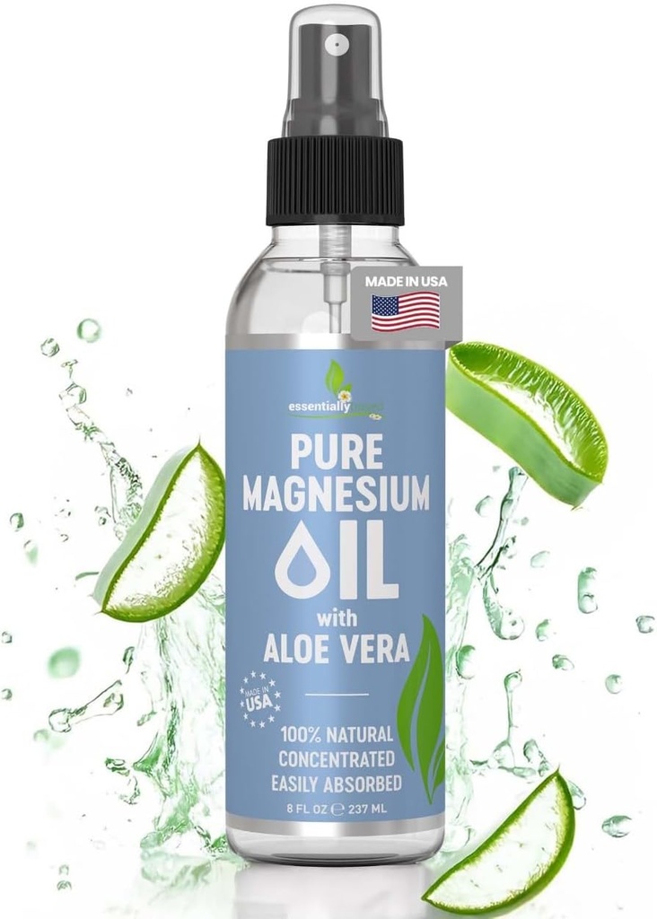 Pulverizador de aceite de magnesio puro con Aloe Vera 8oz - Espray de magnesio tópico - menos picante - 100% aceite orgánico - hecho en EE.UU.