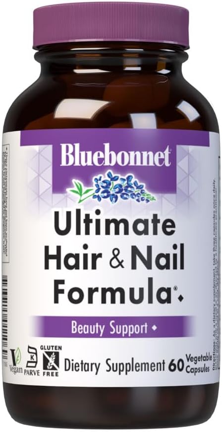 Bluebonnet Nutrition Ultimate Hair and Nail Fórmula, Vitaminas*, Minerales*, Especialidad Nutrientes para la Belleza Dentro*, Libre de gluten, Kosher-Certified, Libre de lácteos, Vegan, 60 cápsulas vegetales, 20 piezas