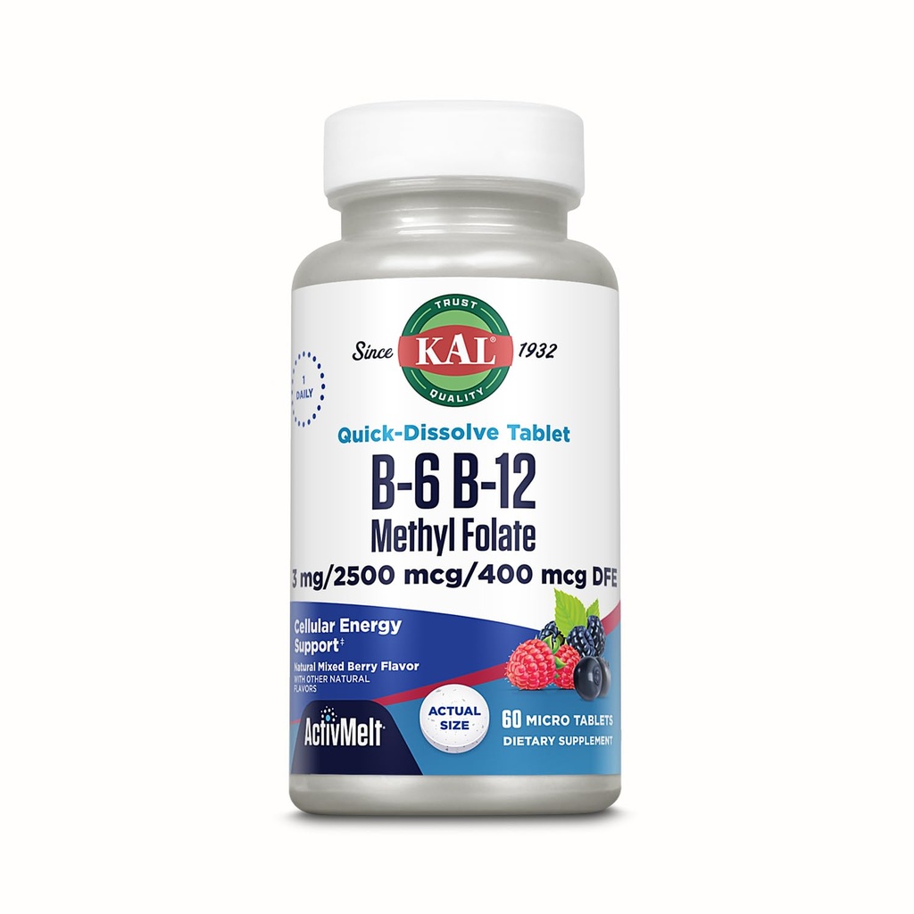 KAL Vitamina B-6 B-12 Metil Folate ActivMelt, Suplemento de vitamina B, Salud del corazón, Energía y Red Blood Cell Support with Methyl B12 and DFE Folic Acid, Natural Berry Flavor, 60 Servings, 60 Micro Tabs