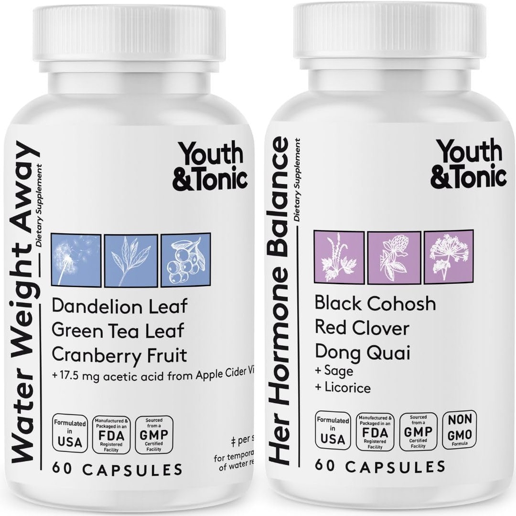 Jóvenes &amp; Mujeres Tónicas Píldoras de pérdida de peso para cambios hormonales y retención fluida durante el PMS, la menopausia – hinchazón, hinchazón &amp; equilibrio hormonal – 120 cápsulas