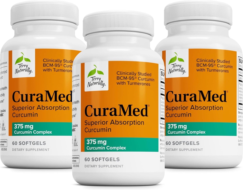 Terry Naturalmente CuraMed 375mg - Suplemento Antioxidante para Cerebro &amp; Inmuno Apoyo a la Salud - Suplemento dietético con Curcumin " Turmeric Essential Oil - Herbal Liver Support - 60 Softgels (Pack of 3)