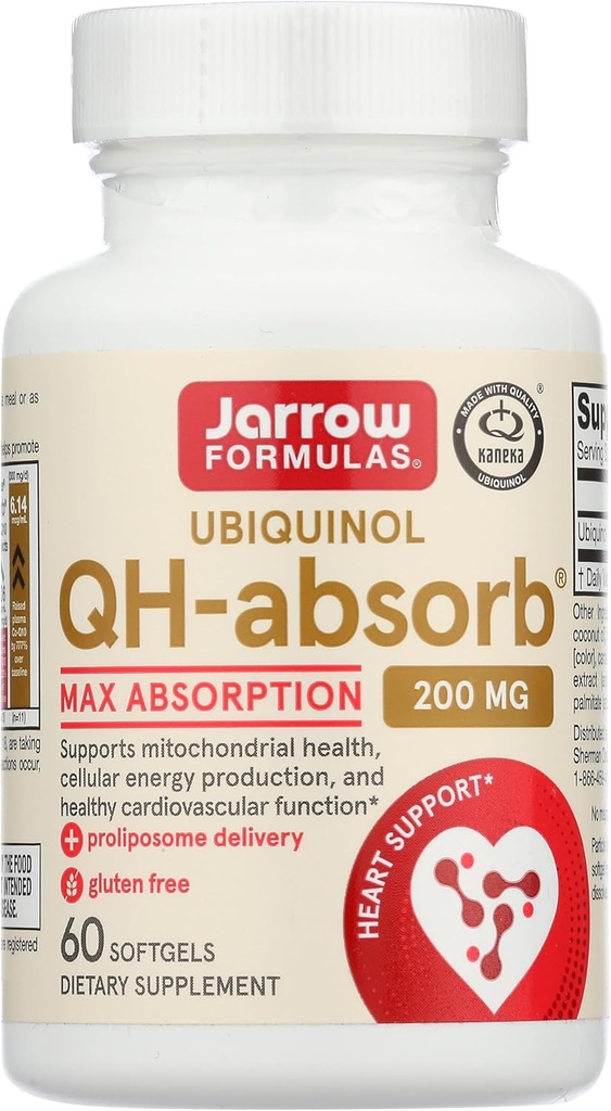 Fórmulas Jarrow QH-absorb 200 mg - 60 Softgels - Alta Absorción Co-Q10 - Forma Antioxidante Activa de Co-Q10 - Apoyos Producción de Energía Mitocondrial y Salud Cardiovascular - 60 Serviciones