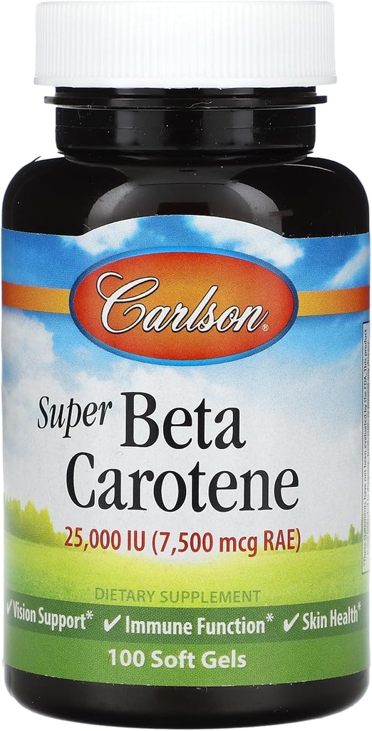 Carlson - Super Beta Caroteno, 25000 UI (15 mg), Vitamina A como Beta Caroteno, Forma Biodisponible y Bioactiva, Visión Salud, Esquí saludable, 100 Softgels