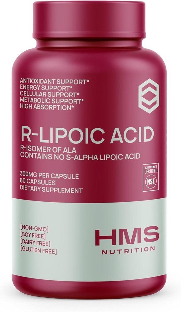 Acido R-Lipoico Estabilizado 300mg Por Serving, R Alfa Lipoic Acid ALA Suplemento Antioxidante para Nerve, Energía y Metabolismo Apoyo, NSF Suplementos certificados, No GMO &amp; Vegan, 60 cápsulas, 2 Month Supply