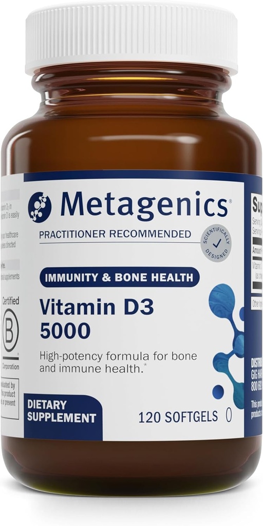 Metagénica Vitamina D3 5000 - Para el soporte inmunológico, la salud ósea y la salud cardíaca* - Vitamina D de alta potencia - No GMO - Libre de gluten