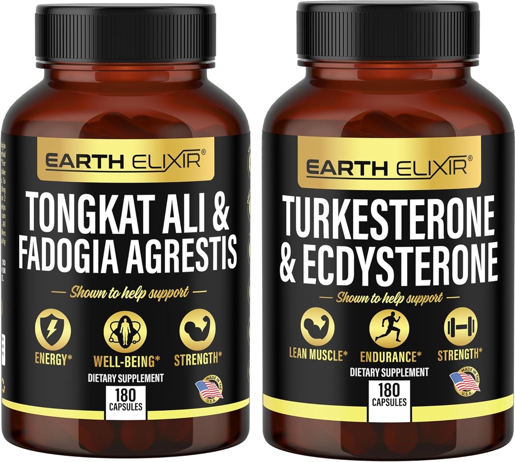 Tierra Elixir Fadogia Agrestis 600mg y Tongkat Ali 500mg + Turkesterone1000mg y Ecdysterone 1000mg Supplments (180 Capsules) Bundle