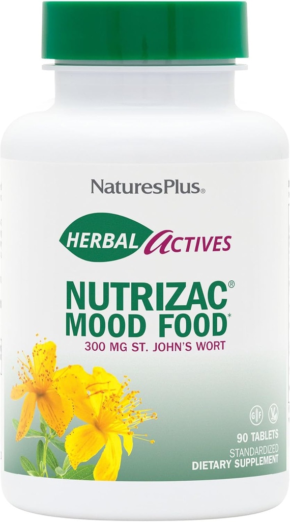Natures Plus Herbal Actives NutriZAC Mood Food - 300 mg St Johns Wort, 90 Vegan Bi-Layered Tablets - Maximum Potency Natural Mood Booster - Vegetariano, Gluten-Free - 90 Servings