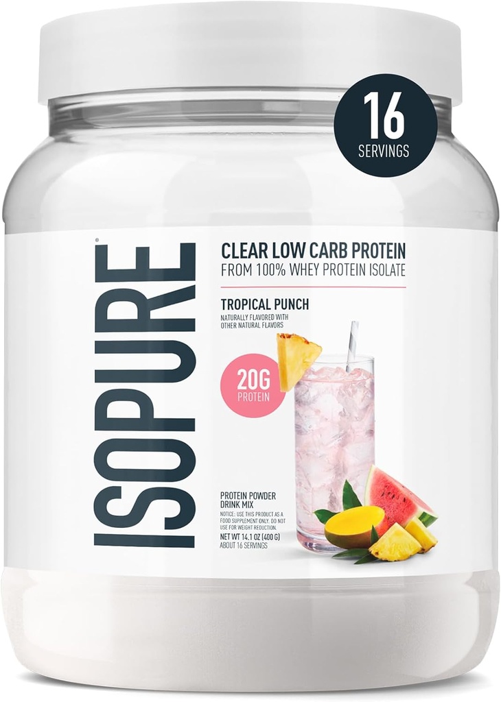 Isopure Clear Whey Isolate Protein Powder, Lactose Free, Gluten Free, Naturally Flavored, Tropical Punch, 20g Protein Por Serving, 14.1 Oz, 16 Servings (Packaging May Vary)