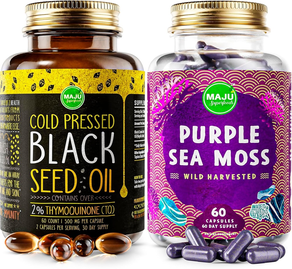 Maju Superfoods Black Seed Oil Capsules y Purple Sea Moss Capsules Bundle