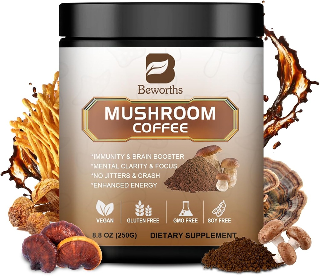250g Café de hongos - Lions Mane Café de mushroom con Mane, Reishi, Chaga, Cordyceps, Turquía Tail, Arabica - Mushrooms Coffe Blend Support Gut, Focus, Brain Health