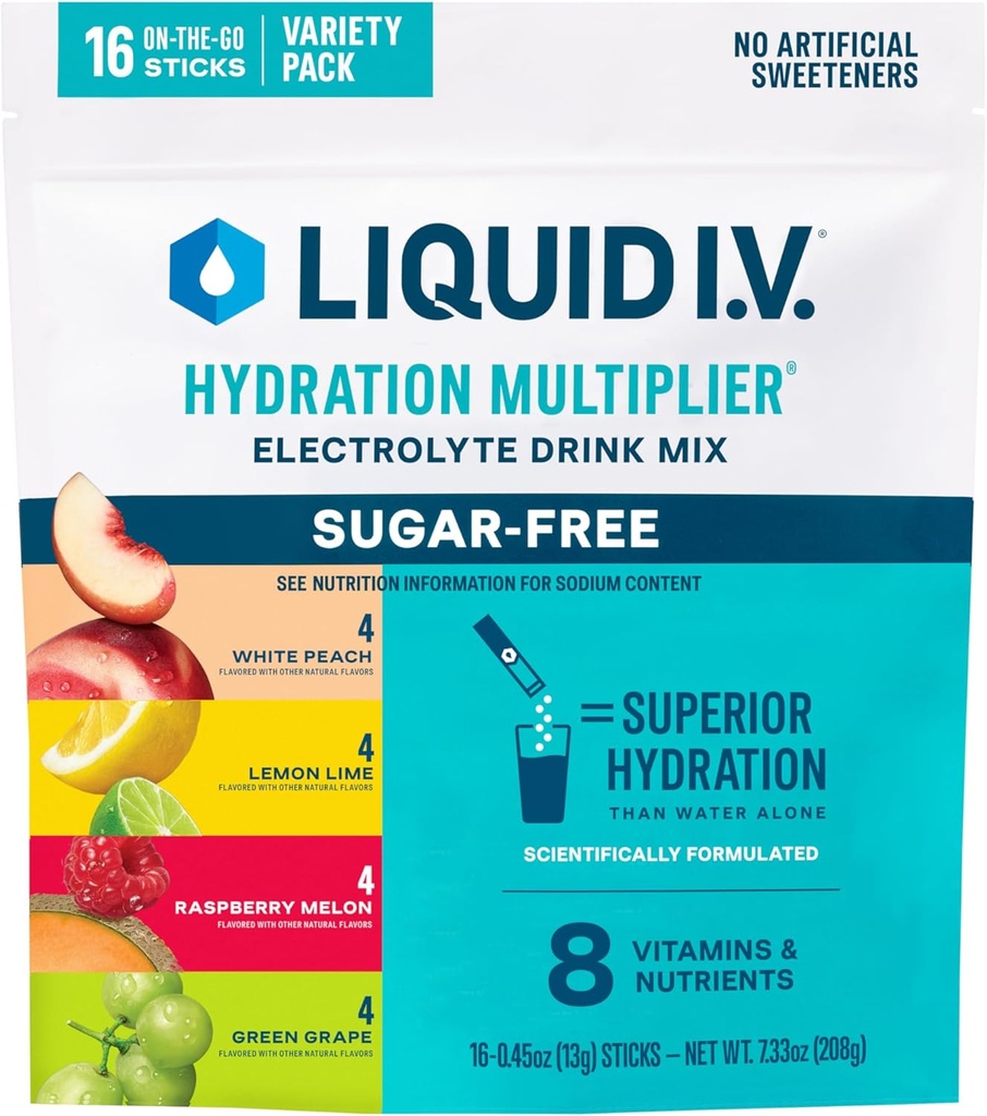 Liquid I.V.® Hydration Multiplier Pack Variedad sin azúcar - Raspberry Melon, Lemon Lime, White Peach, Green Grape (Variety Pack)