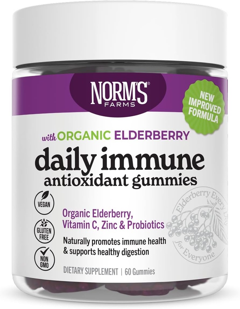 Norm's Farms Organic Elderberry Gummies - Daily Immune Support for Adults &amp; Kids with Zinc, DE111 Probiotic, Vitamin C - Made in USA, 3rd Party Tested - Vegan, Gluten-Free, Kosher, Non-GMO, 60 Gummies