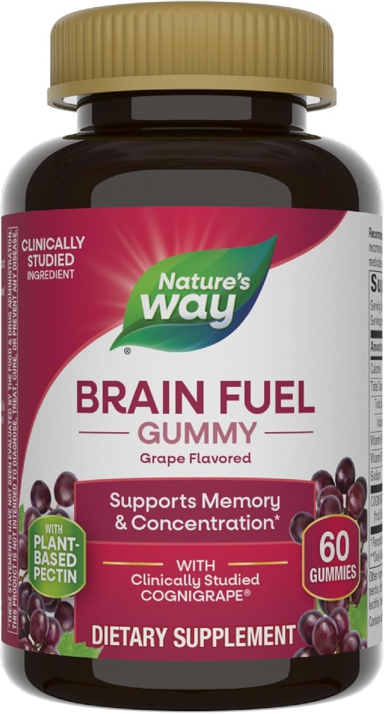 Camino de la Naturaleza Combustible cerebral, apoya la memoria y la concentración*, suplemento de apoyo de la función cerebral*, Cognigrape® clínicamente estudiado, sabor de uva, 60 gomitas