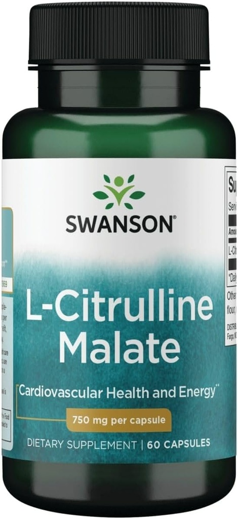 Swanson L-Citrulline Malate - Suplemento Aminoácidos Promoción de la Producción de Energía " Circulación de Sangre Saludable - Fórmula Natural Apoyo Wellness Global - (60 cápsulas, 750 mg cada uno)