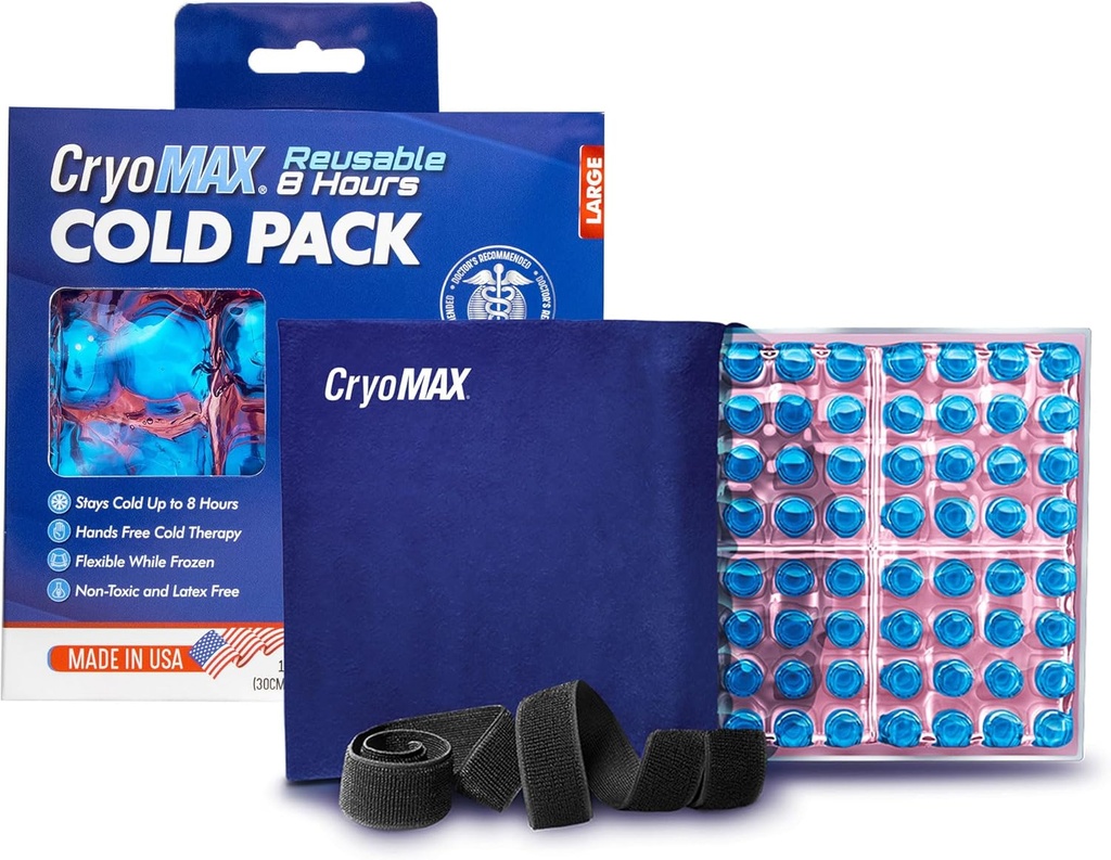 CryoMAX Cold Pack, Reutilizable, Latex Gratis, 8 horas de terapia fría, Grande, 12" x 12" (1 Conde)