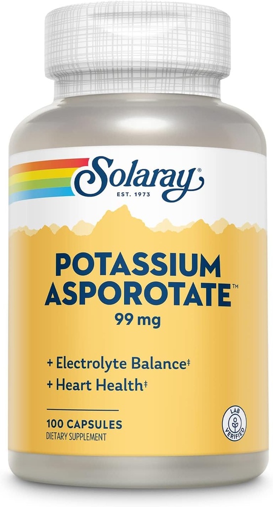 Solaray Potassium Asporotate Chelated Supplement, Electrolyte Balance & Heart Health Support, 100 Servings, 100 Capsules