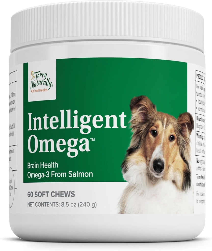 Terry Naturalmente Inteligente Omega - Suministros de Salud Perro para el Corazón, Cerebro &amp; Ojo Salud - Suministros para Mascotas - Corazón, Cerebro &amp; Ojo Soporte para Perros - 60 Cierre suave