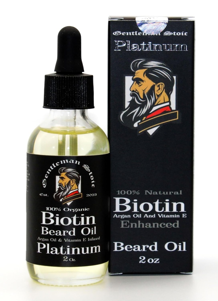 Aceite de barba platino para hombres – Natural Biotina Crecimiento de barba mejorado aceite - Argan & Vitamina E – Suaviza y Controles – Aceite de crecimiento de barba para hombres - Esmerilado de vainilla (2oz – Pack de 1)