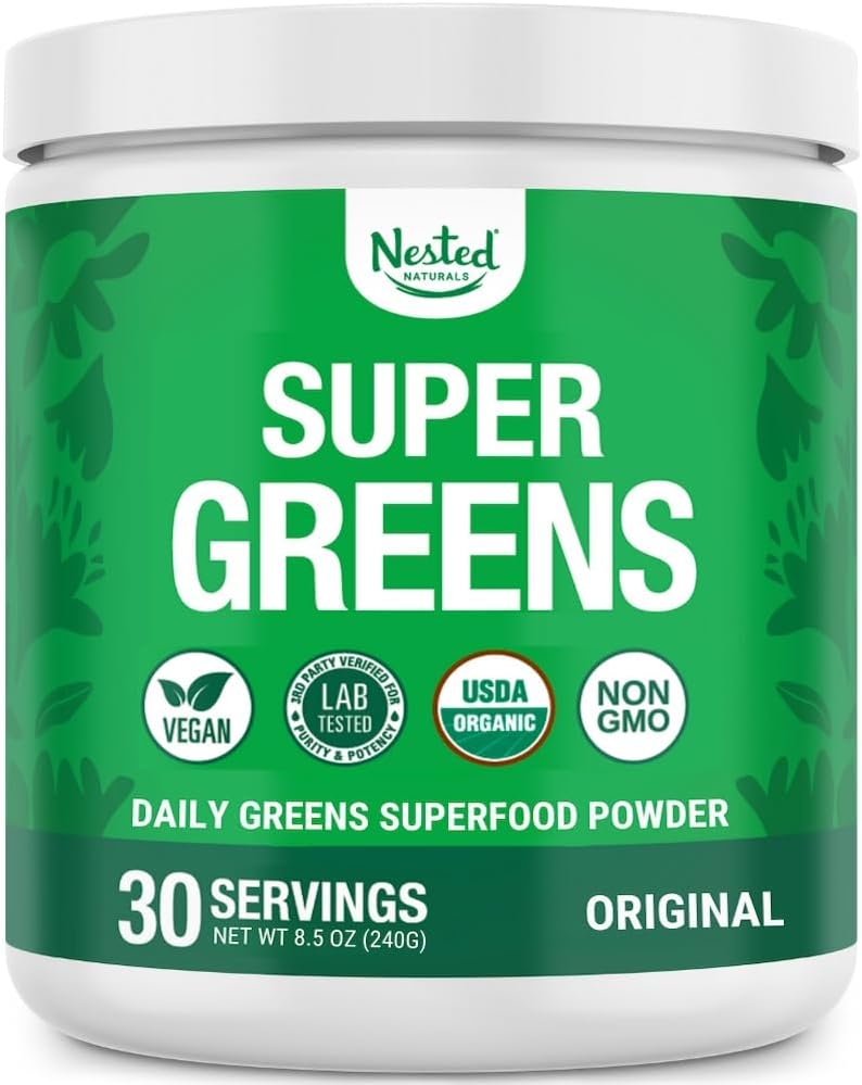 Naturales anidados Super Greens Daily Superfood Powder - Certified USDA Organic Green Powder w/20+ Whole Foods, Spirulina Powder,Wheat & Barley Grass - Probiotics, Fiber &amp; Enzymes - Original Flavour, 30