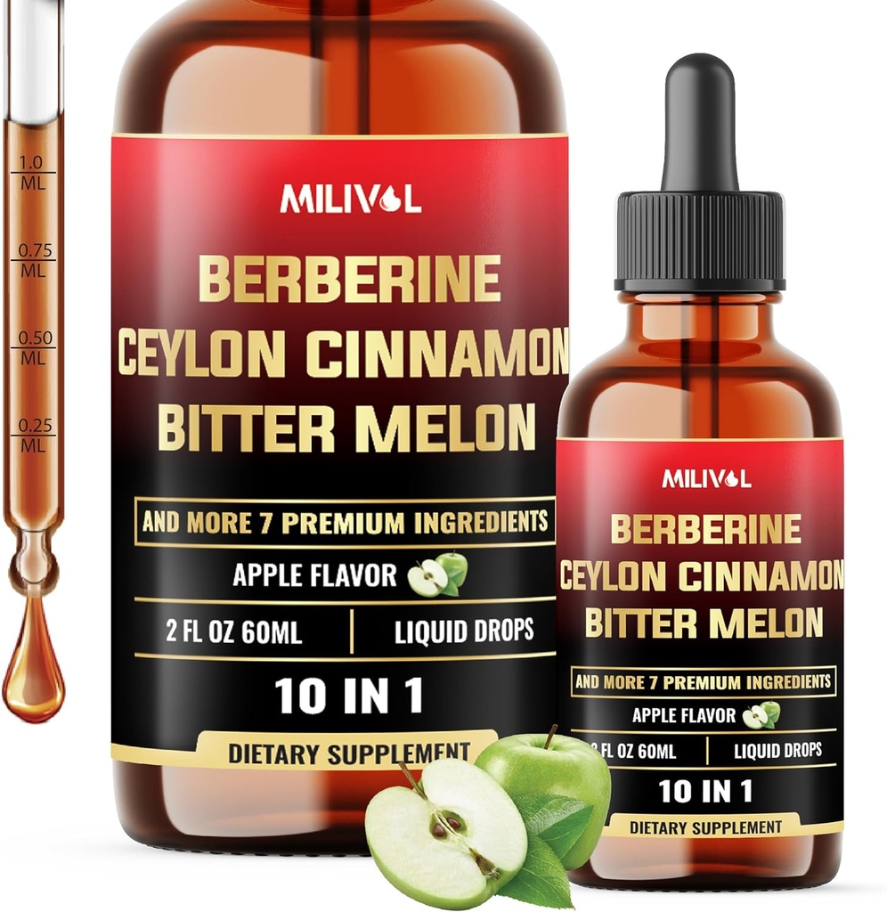 10in1 Liquid Drops Berberine with Ceylon Cinnamon Bitter Melon Turmeric Ginger Gymnema Sylvestre y Más - 2 Fl Oz