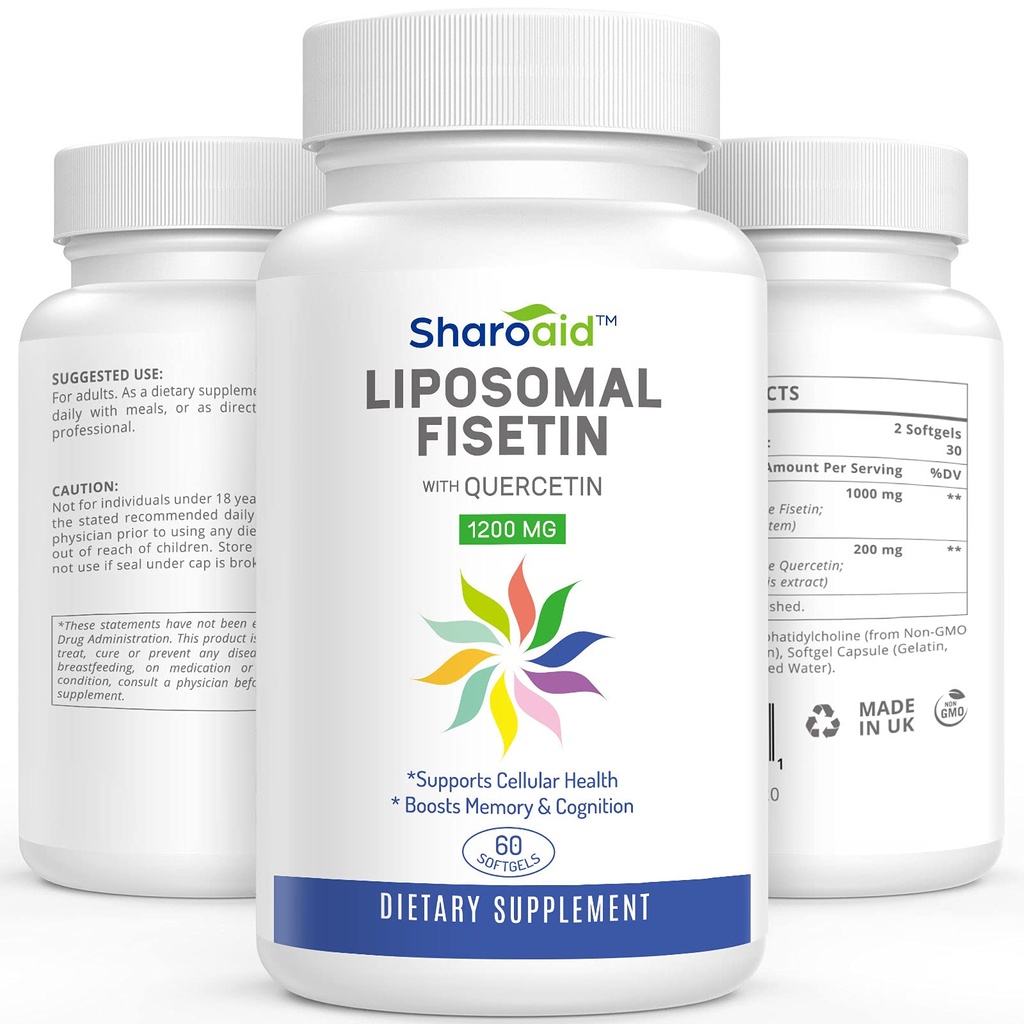 Fisetina lipomal con suplementos de quercetina 1200 mg por ser, alta absorción Polyphenols Antioxidantes para mujeres, hombres, no GMO, libre de gluten,1 botella-60 Softgels