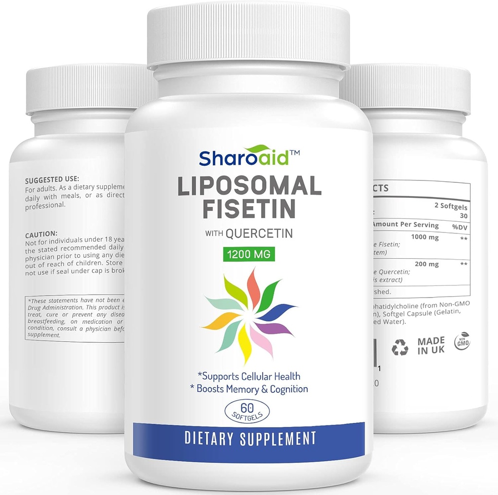 Fisetina lipomal con suplementos de quercetina 1200 mg por ser, alta absorción Polyphenols Antioxidantes para mujeres, hombres, no GMO, libre de gluten,1 botella-60 Softgels