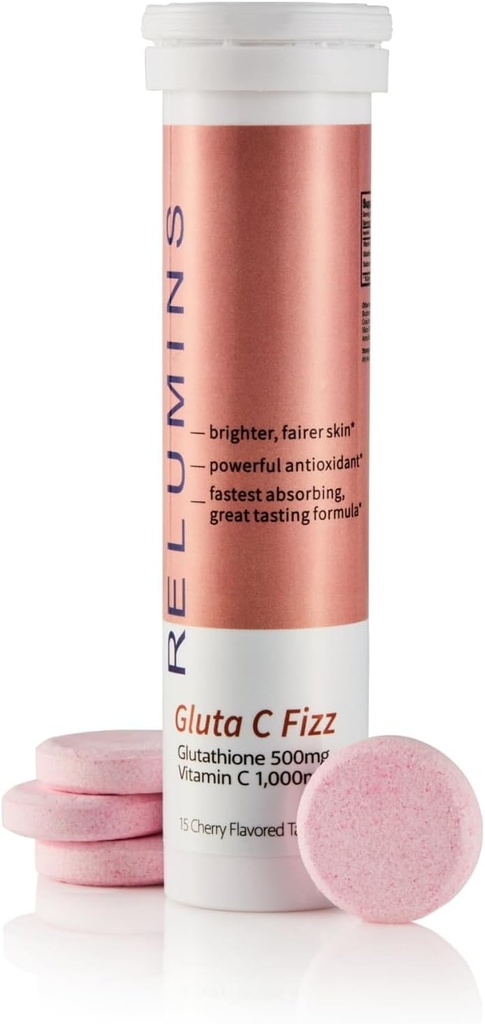 Reluminas Gluta C Fizz - Alta Dosis, Absorción rápida 500mg Glutathione &amp; 1000mg Vitamina C - Cherry Flavored Tablas Effervescentes ← Detox, Collagen Boost  habit for Glowing, Rejuvenated Skin - 15 Tablets