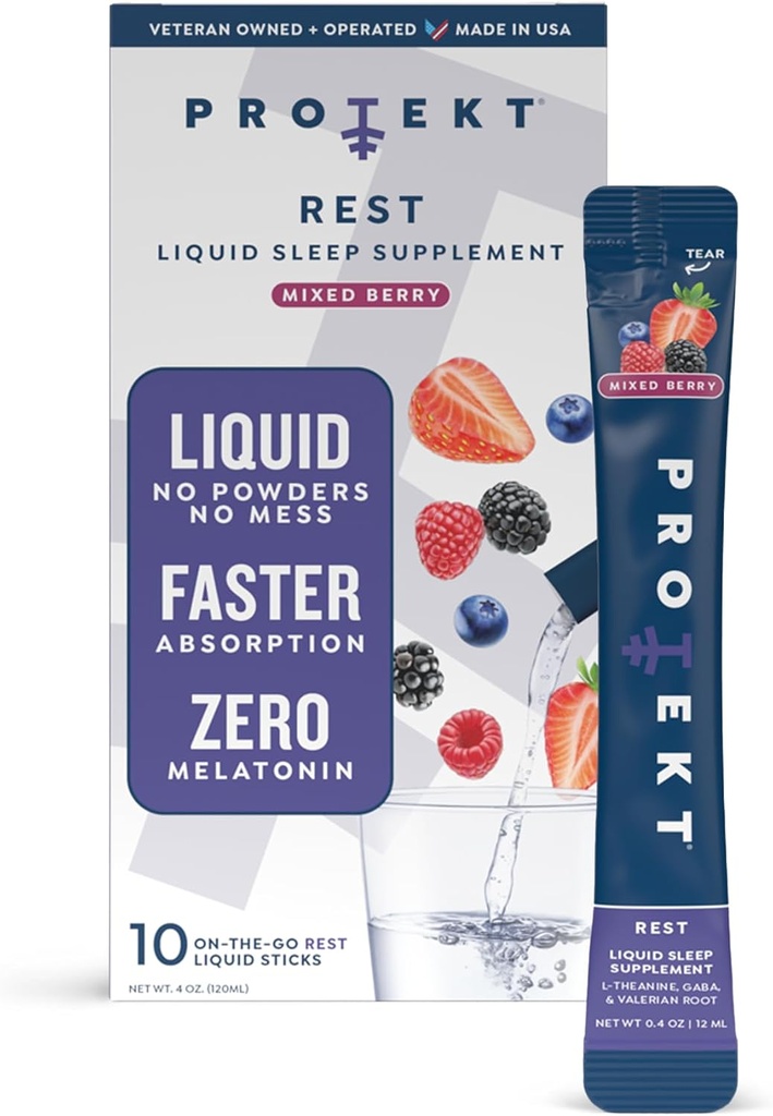 PROTEKT GABA L Theanine Supplement ← Ayuda para el sueño libre de melatonina para los adultos  Valerian Root for Night Support " Restful Sleep ← GABA Calm Liquid Drink Mix for Adults ← Mixed Berry, Pack of 10