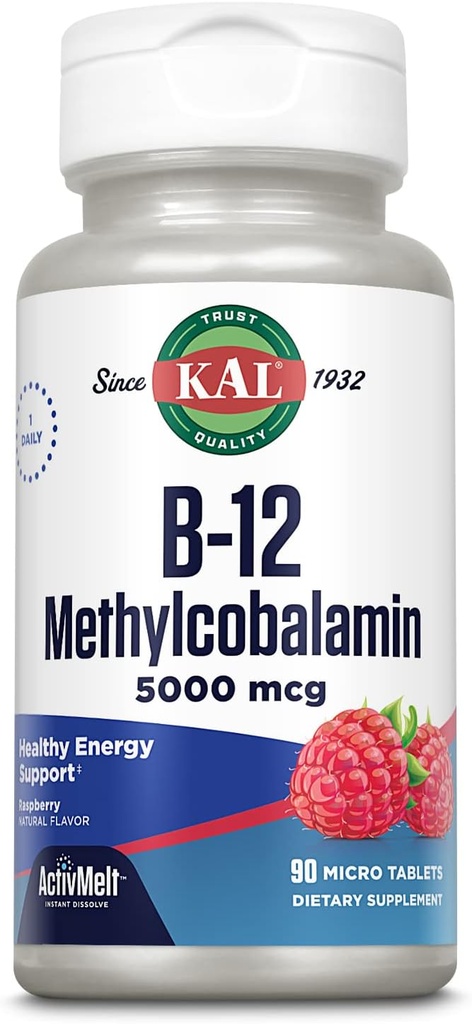KAL Vitamina B12 Methylcobalamin 5000mcg, Energía saludable, metabolismo, Nerve &amp; Red Blood Cell Support,* Fast Dissolve ActivMelts, Optimal Absorption, Natural Raspberry Flavor, 90 Servings, 90 Micro Tabs