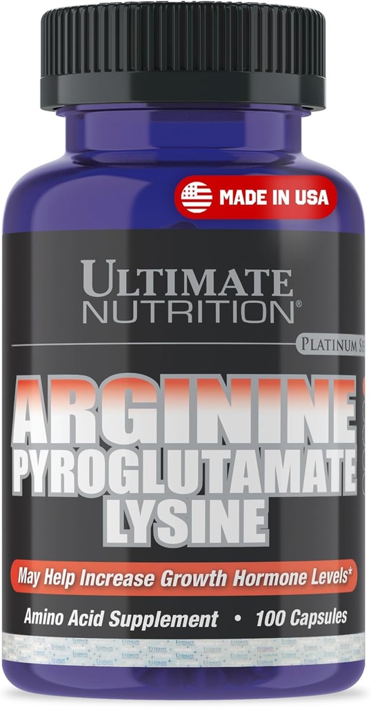 Ultimate Nutrition L-Arginine Suplementos para Hombres &amp; Mujeres - Complejo de Aminoácidos con Aginina, Piroglutamate & Lysine - Soporte GH, Producción de óxido nítrico & Flujo de sangre óptimo - 100 cápsulas