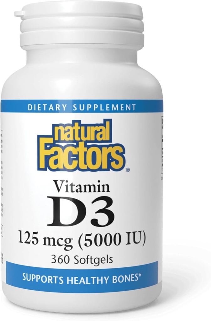 Factores naturales, vitamina D3 5000 UI (125 mcg), soporta huesos fuertes, músculos y función inmunitaria, 360 Softgels