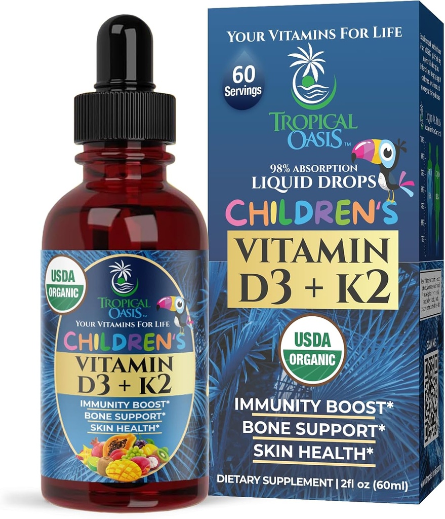 USDA Vitamina Orgánica D3 K2 Liquid Drops TENIDO Vitamina D3 K2 Suplemento para niños y niños pequeños Edades 1+ Silencio Niños Suplemento para Absorción de Calcio Huesos Fuertes ANTE Vegan, Non-GMO ANTE 2 Fl Oz