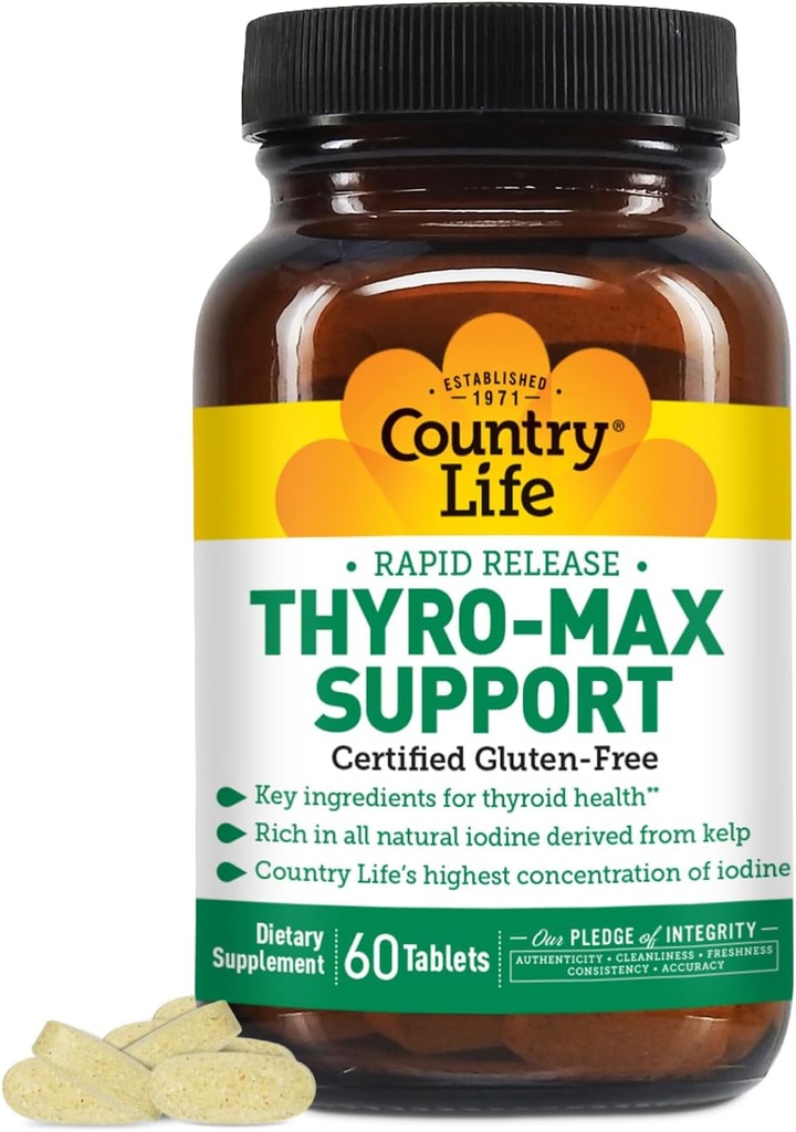 Country Life Thyro-Max Support - Kelp-Derived Iodine & L-Tyrosine Thyroid Supplement for Men and Women - B Vitaminas, Gluten-Free, Vegan, Kosher - 60 cápsulas