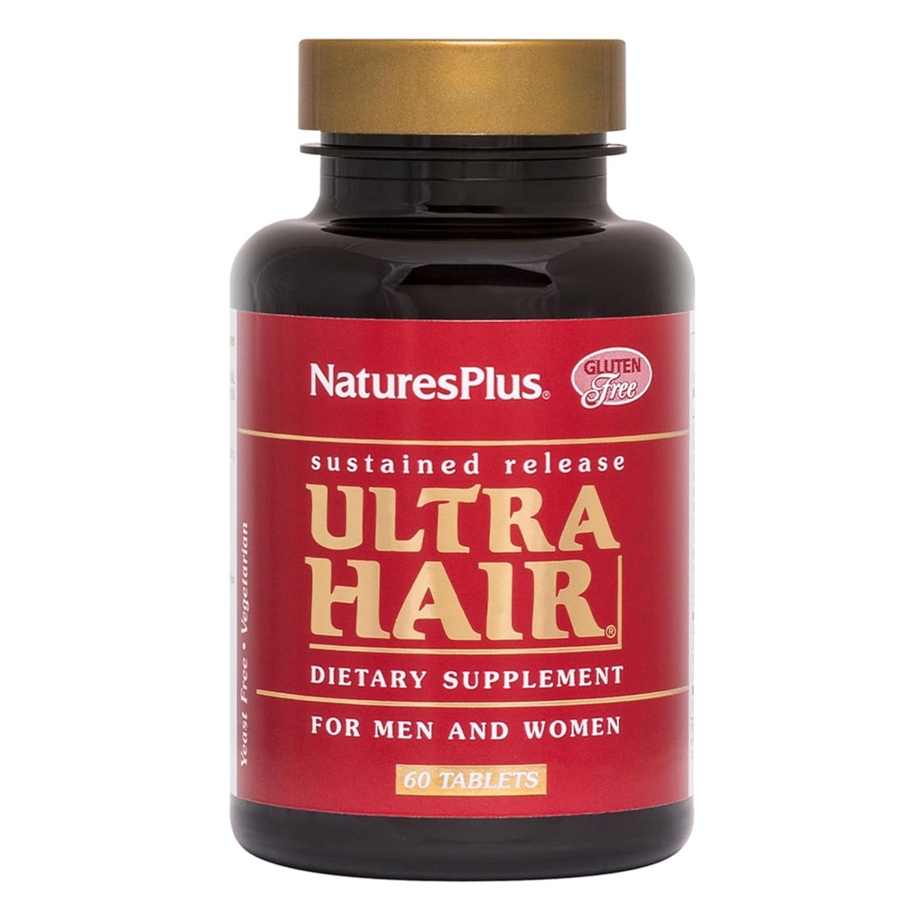 Natures Plus Ultra Hair, Sustained Release - 60 Tabletas Vegetarianas - Natural Hair Growth Supplement for Men &amp; Women - Longer, Thicker Hair - Gluten-Free - 30 Servimientos