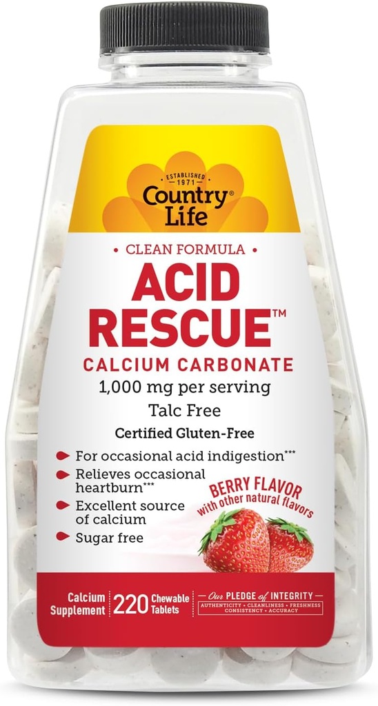 Country Life Acid Rescue Chewable Tablets - Certified Vegan &amp; Gluten-Free Heartburn Relief, 400mg Calcium &amp; Magnesium, Non-GMO, Sugar-Free Mint Flavor, Supports Bone Health, 220 Condes