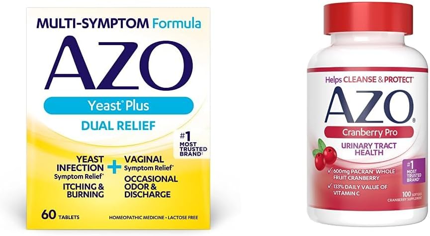 AZO Yeast Plus Dual Relief 60 Tablets, Infección de levadura &amp; Vaginal Symptom Relief + Cranberry Pro Urinary Tract Health Supplement 600mg PACRAN, 1 Serving = More Than 1 Glass of Cranberry Juice 100 CT