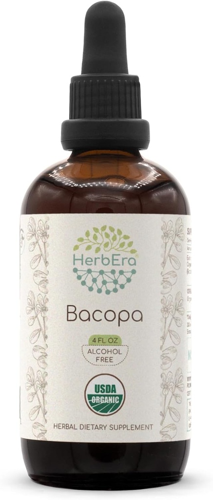 HerbEra Bacopa B120 USDA Organic Tincture ← Extracto libre de alcohol, gotas herbales de alta potencia, relajación, efecto cognitivo positivo TEN Certified Organic Bacopa (Bacopa Monnieri) Dried Herb 4 OZ