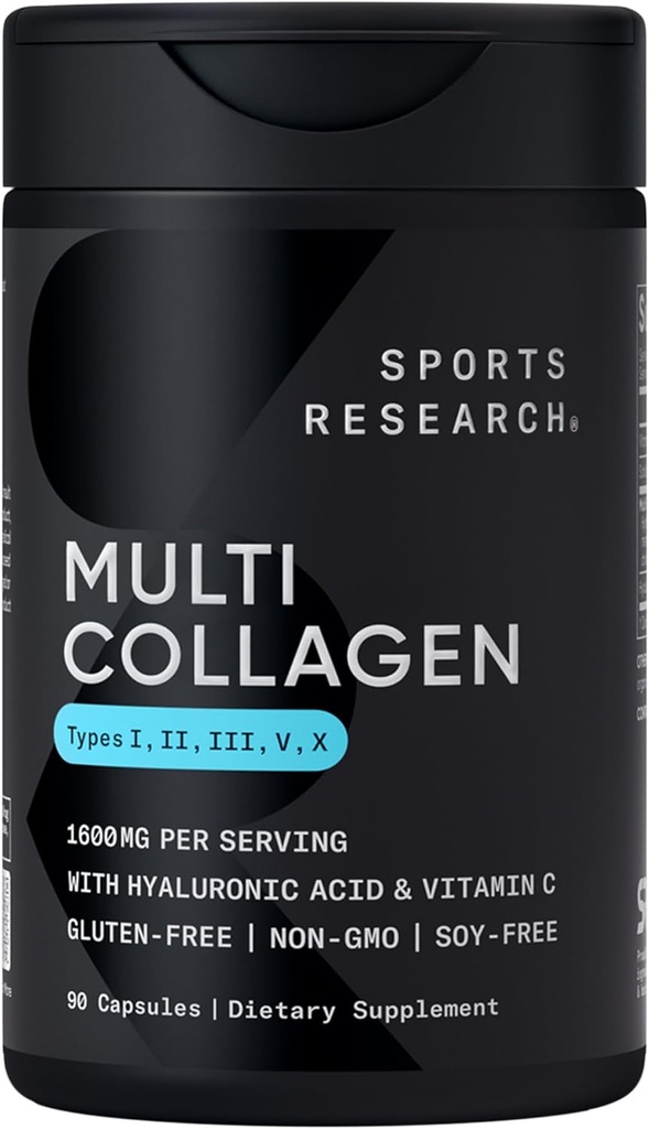 Sports Research® Multi Collagen Pills for Women &amp; Men - Collagen Peptides (Type I, II, III, V, X) Mejorado con ácido hialurónico " Vitamina C - Gluten Free ­· Non-GMO - 90 cápsulas