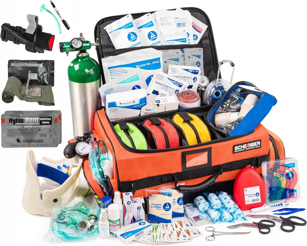 Scherber Fully-Stocked Premium First Responder Bag ← HSA/FSA Aprobado  Large Pro EMT/EMS Trauma, Bleeding " Oxygen Medical Kit ← CAT Tourniquet, HyFin Chest Seal " 260+ First Aid Supplies (Orange)