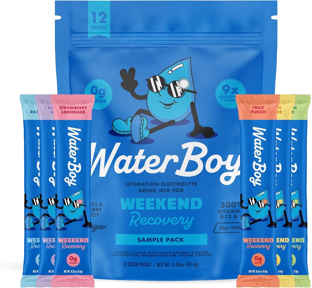 Waterboy Weekend Recovery Sample Pack ← 3,200mg Electrolyte Powder Packets  Ginger + L-Theanine + Vitamins ← No Sugar, All Natural, Gluten Free ← 12 Bebidas Stick Mixes (Sample Pack)