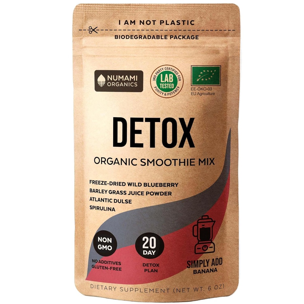 Numami Organic Detox Blueberry Smoothie Powder with Healthy Spirulina, Atlantic Dulse and Barley Grass Juice Powder, Premium Quality superfood from Europe