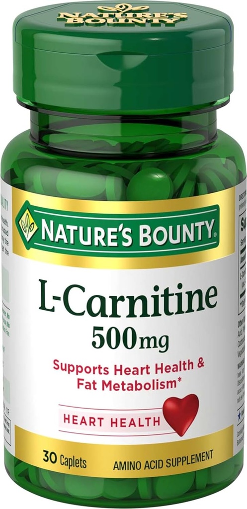 Bounty L-Carnitine de la naturaleza, apoya el metabolismo de la salud del corazón, suplemento de aminoácidos, 500 mg, 30 tabletas