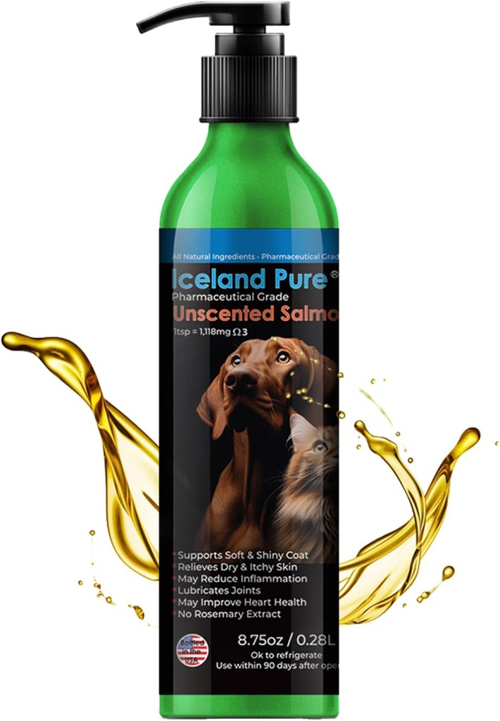 Islandia Puro Salmón Aceite Silencioso Grado Farmacéutico No centrado TEN 1118 mg de Omega-3 por cucharadita ANTERIENTE Suplemento Alimentario Líquido para Perros y Cats ANTERIOR BPA-Free Aluminio recubierto con bomba 8.75oz