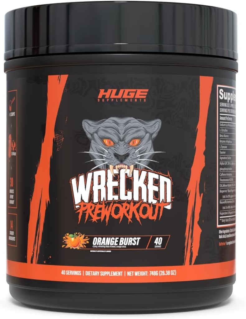 Huge Supplements Wrecked Pre-Workout, Advanced Formula, Boosts Energy, Focus, Pumps & Performance, 10g L-Citrulline, 6.4g Beta Alanine, 5g Tyrosine, 1g Alpha GPC, 375mg Fast-Acting Caffeine & More