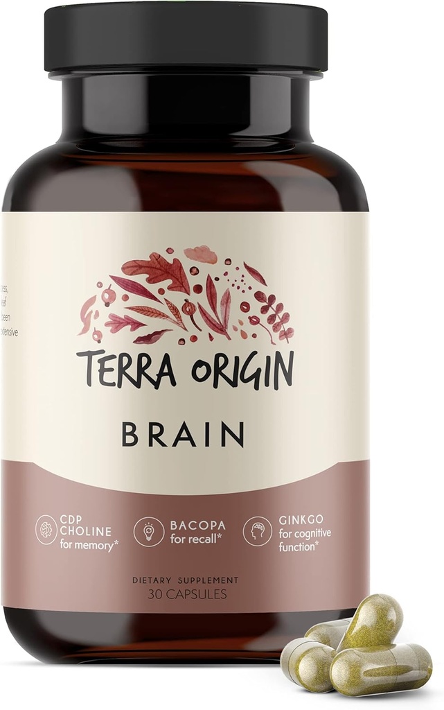 Terra Origen, Suplemento Cerebro Saludable, Capsules, 30 Servimientos, con CDP Choline, Ginkgo Biloba Extracto, y Bacopa - para la mente sana, mejora la memoria, el recuerdo y la función