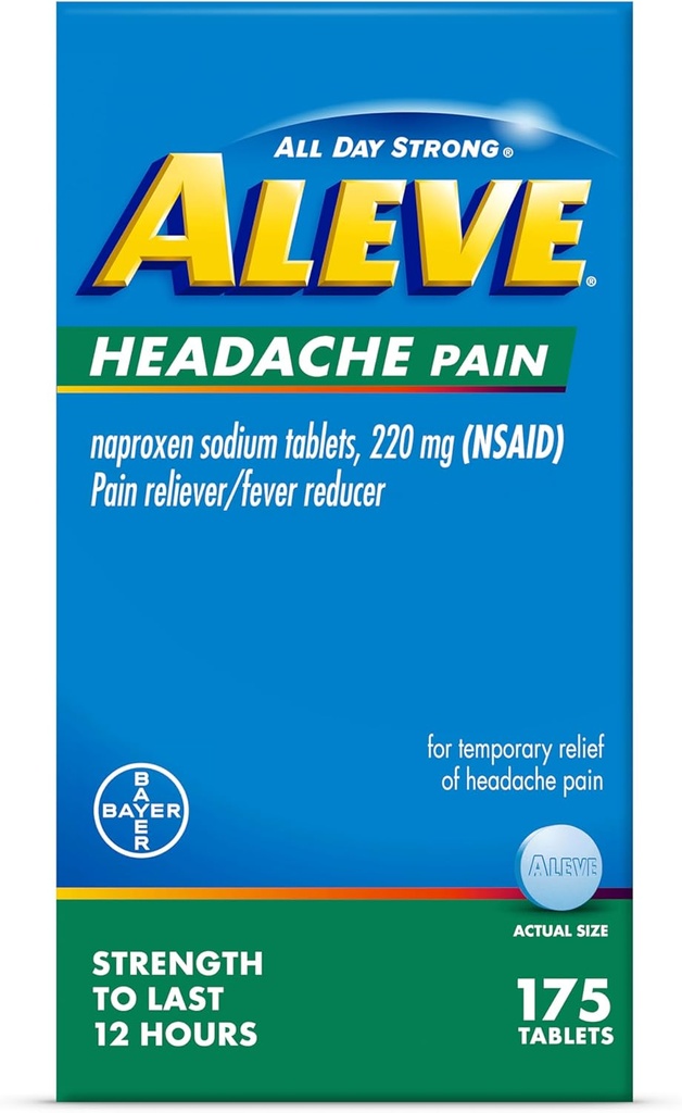 Aleve Headache Pain Reliever & Fever Reducer Tablets, Naproxen Sodium, for Headache, Pain Medicine for Adults, Headache Pain Relief Pills, 175 Count