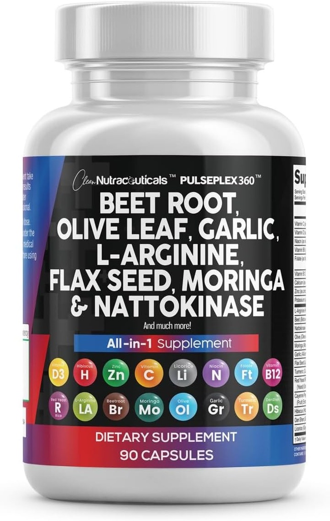 Limpio Nutraceuticals Beet Root Capsules Olive Leaf Nattokinase Ajo Extracto L-Arginina Omega 3 Levadura roja Hibiscus Danshen - Healthy Support Suplemento - 90 Ct