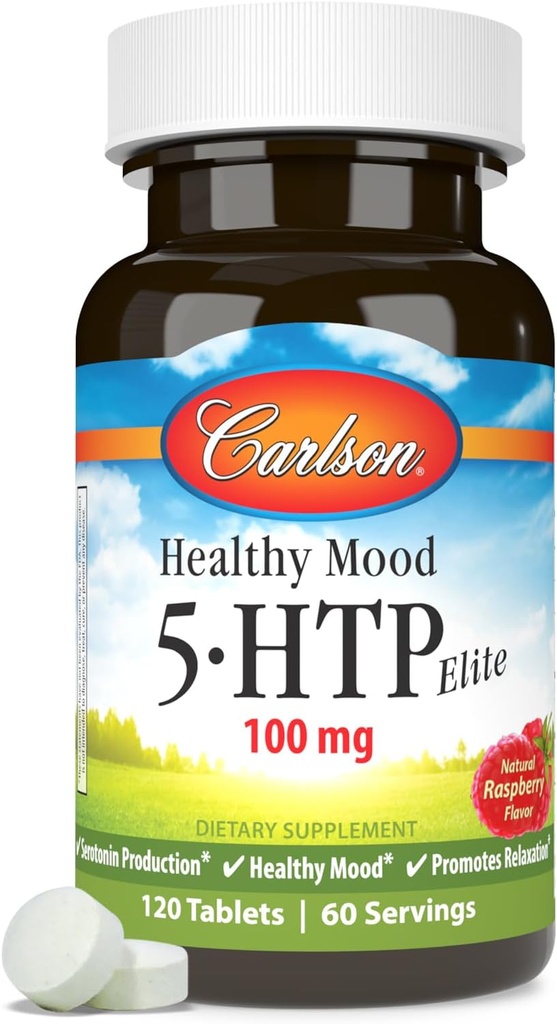 Carlson saludable Mood 5-htp Elite 50mg Raspberry Chewables, 120 Tablets