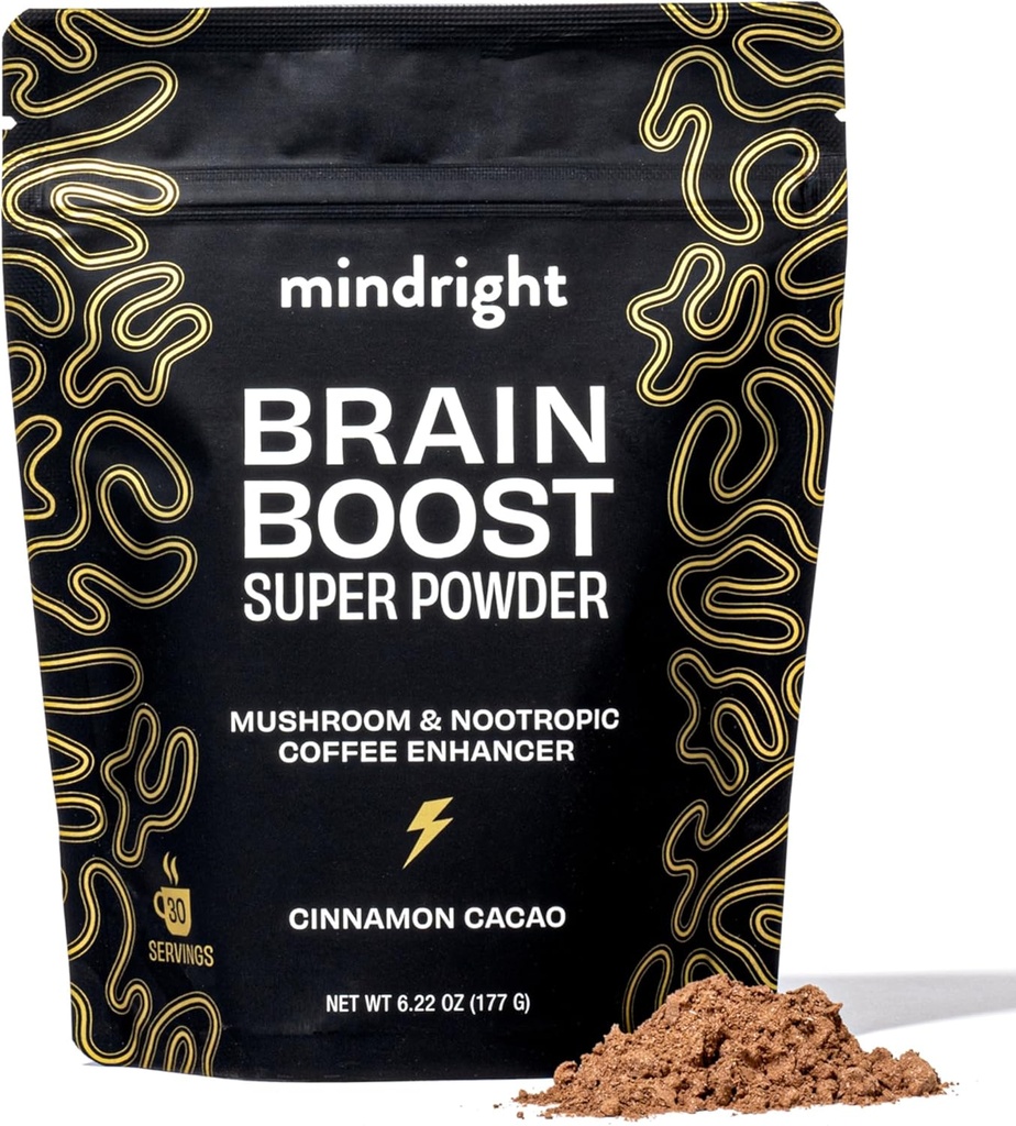 mindright Brain Boost Mushroom Coffee Enhancer - Superfood Blend w/Mushroom - Lion's Mane, Coffee Fruit Extract, Rhodiola, Cordyceps, Cacao - Caffeine Free No Sugar 30 Servings