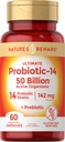 Probióticos con Prebióticos - 60 cápsulas - 142 mg - 50 billón Organismos Activos - Vegetariano, No-GMO &amp; Gluten Suplemento Gratis - por la recompensa de la naturaleza